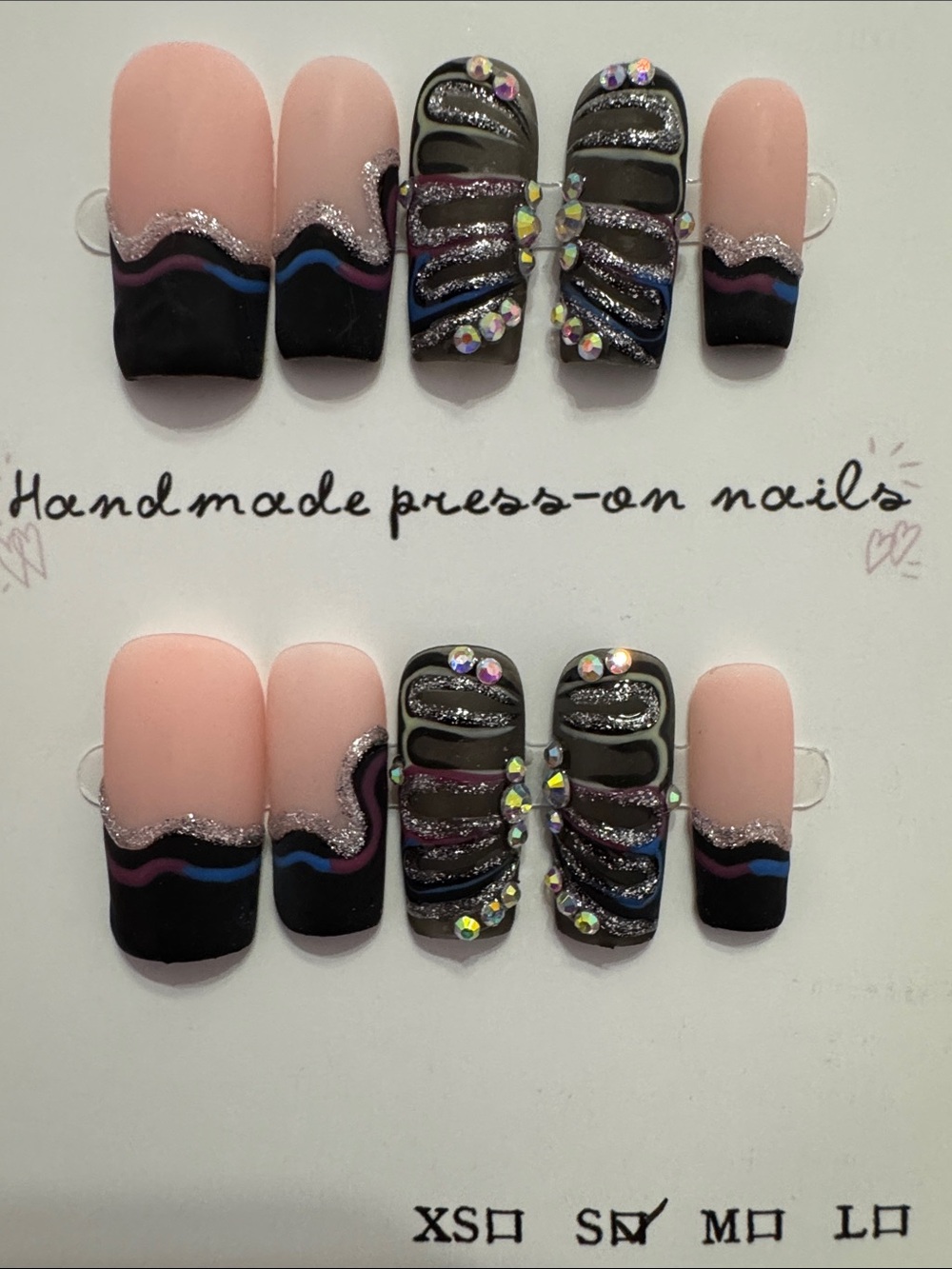 Handmade Matte Pink & Black Rhinestone Press-On Nails